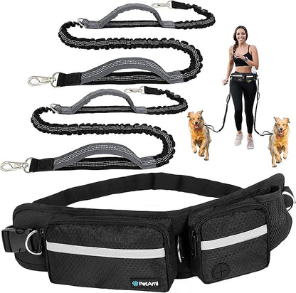 PetAmi Hands Free Dog Leash, Dog Running Leash Belt Bag for Walking, Jogging, Dog Waist Double Zipper Pouch with Poop Bag Dispenser, Dual Padded Handles Reflective Bungee Leash, Double