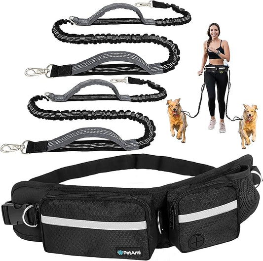 PetAmi Hands Free Dog Leash, Dog Running Leash Belt Bag for Walking, Jogging, Dog Waist Double Zipper Pouch with Poop Bag Dispenser, Dual Padded Handles Reflective Bungee Leash, Double