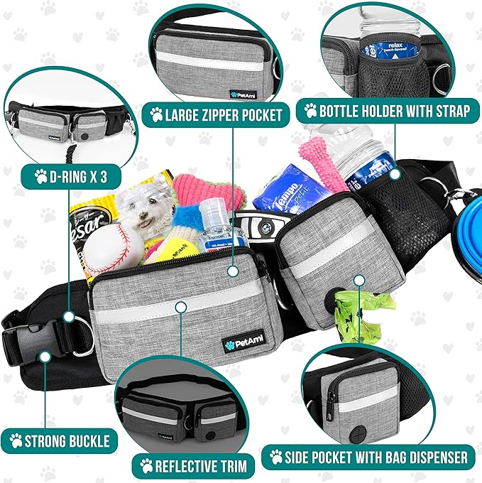 PetAmi Hands Free Dog Leash, Dog Running Leash Belt Bag for Walking, Jogging, Dog Waist Double Zipper Pouch with Poop Bag Dispenser, Dual Padded Handles Reflective Bungee Leash, Single