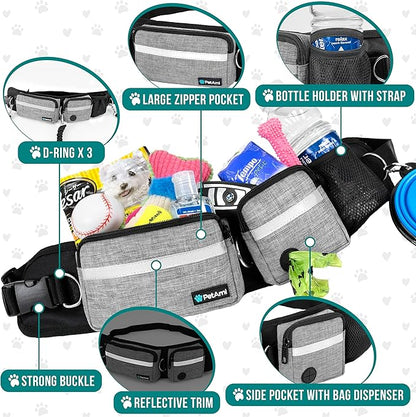 PetAmi Hands Free Dog Leash, Dog Running Leash Belt Bag for Walking, Jogging, Dog Waist Double Zipper Pouch with Poop Bag Dispenser, Dual Padded Handles Reflective Bungee Leash, Single