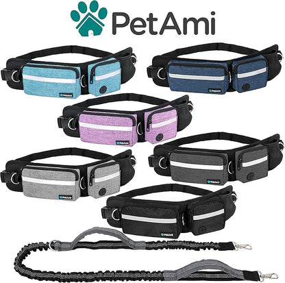 PetAmi Hands Free Dog Leash, Dog Running Leash Belt Bag for Walking, Jogging, Dog Waist Double Zipper Pouch with Poop Bag Dispenser, Dual Padded Handles Reflective Bungee Leash, Single Turquoise