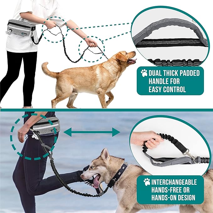 PetAmi Hands Free Dog Leash, Dog Running Leash Belt for Walking Jogging, Dog Waist Zipper Pouch Fanny Pack with Poop Bag Dispenser, Dual Padded Handle Bungee Leash for Small Medium Large Dogs, Single