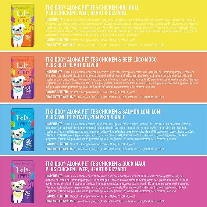 Tiki Dog Aloha Petites, Variety Pack, Nutrient Dense Meat, Wet Dog Food For Small Breed Dogs and All Life Stages, 3 oz. Pouch, Pack of 12