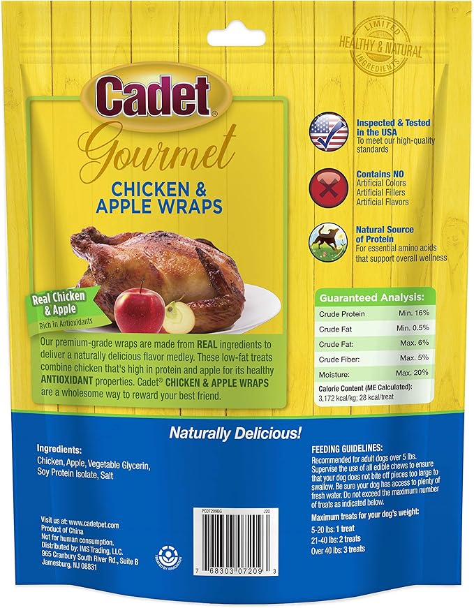 Cadet Gourmet Chicken & Apple Wrapped Dog Treats Wraps - Healthy & Natural Chicken & Apple Dog Training Treats for Small & Large Dogs - Inspected & Tested in USA (14 oz.)