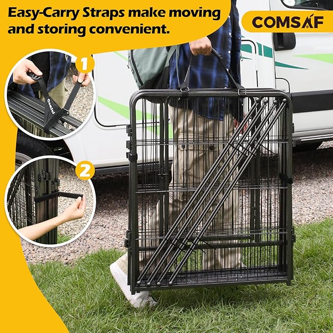 ComSaf Dog Playpen, 32" Height 8 Panels Metal Dog Fence with One Easy-Carry Straps, Playpen Pet Fence for Large/Medium/Small Dogs, Portable Dog Pen for Outdoor, Indoor, RV, Camping, Yard