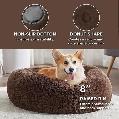 Bedsure Calming Dog Bed for Medium Dogs - Donut Washable Medium Pet Bed, 30 inches Anti-Slip Round Fluffy Plush Faux Fur Cat Bed, Fits up to 45 lbs Pets, Coffee