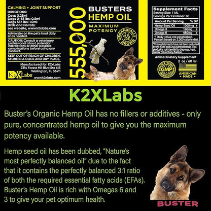 2-PACK Buster's Organic Hemp Oil for Dogs & Pets, 4-MONTH Supply, Large 60ml Bottles, 555,000 Max Potency, Joint Relief, Calming, Miracle Formula, Perfectly Balanced Omega 3, 6, 9, USA