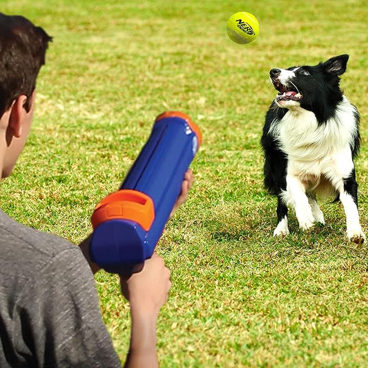 Nerf Dog Large Size Tennis Ball Blaster Dog Toy, Great for Fetch, Hands-Free Reload, Launches up to 50 ft, Single Unit, 20in Blaster with 3 Balls in Mesh Bag, Blue/Orange, Blue, Green and Orange