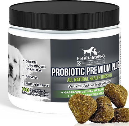 Probiotics for Dogs with Natural Digestive Enzymes ● 4 Bill CFUs/2 Soft Chews ● Dog Diarrhea Upset Stomach Yeast Gas Bad Breath Immunity Allergies Skin Itching Hot Spots ● 60 Count