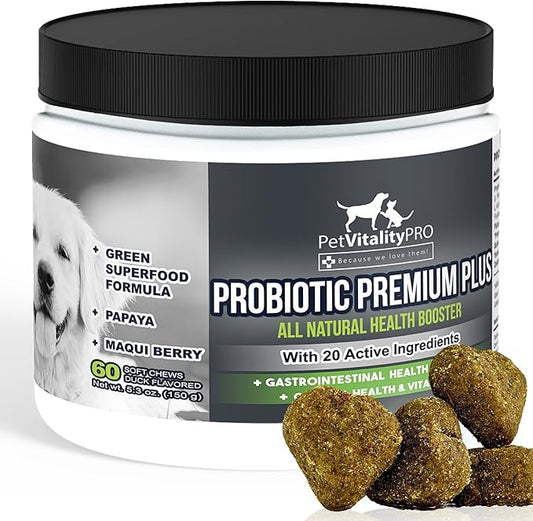 Probiotics for Dogs with Natural Digestive Enzymes ● 4 Bill CFUs/2 Soft Chews ● Dog Diarrhea Upset Stomach Yeast Gas Bad Breath Immunity Allergies Skin Itching Hot Spots ● 60 Count