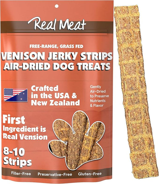 Real Meat Venison Jerky Dog Treats - 8 Air-Dried Strips of Jerky Treats for Dogs - Grain-Free Jerky Treats Dog Snacks with 95% Human-Grade Free-Range Grass Fed Venison - All-Natural Dog Jerky Strips