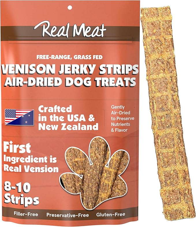 Real Meat Venison Jerky Dog Treats - 8 Air-Dried Strips of Jerky Treats for Dogs - Grain-Free Jerky Treats Dog Snacks with 95% Human-Grade Free-Range Grass Fed Venison - All-Natural Dog Jerky Strips