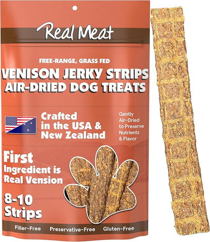 Real Meat Venison Jerky Dog Treats - 8 Air-Dried Strips of Jerky Treats for Dogs - Grain-Free Jerky Treats Dog Snacks with 95% Human-Grade Free-Range Grass Fed Venison - All-Natural Dog Jerky Strips