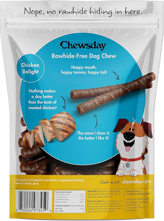 5-Inch Chewy Dog Chew Twists, Made in The USA, All Natural Rawhide-Free Highly-Digestible Treats, Chicken Delight - 14 Count