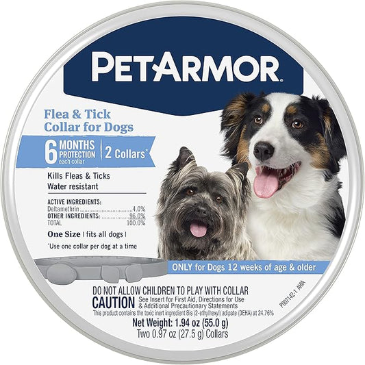 PetArmor Flea & Tick Collar for Dogs, Kills Fleas & Ticks, Long Lasting Protection for 6 Months, Water Resistant, One Size Fits All, 2 Collars