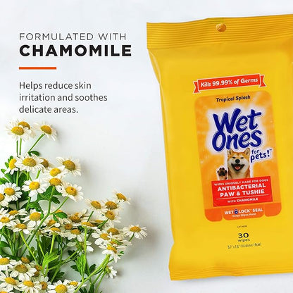 Wet Ones for Pets Paw & Tushie Dog Wipes with Chamomile Dog Wipes for All Dogs in Tropical Splash Scent, Wipes with Wet Lock Seal Pouch Dog Paw Wipes (Pack of 1, 30 Count Total)