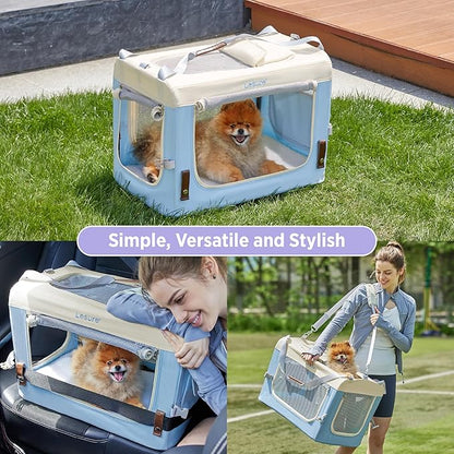 Lesure Collapsible Travel Dog Crate for Small Dogs, Portable Soft Dog Crate for Outdoor & Indoor, Folding Fabric Dog Kennel with Handle, 28 Inch Heavy Duty Pet Carrier (Blue)