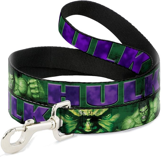 Dog Leash Hulk Face Close Up Action Pose Greens Purples 6 Feet Long 1.5 Inch Wide