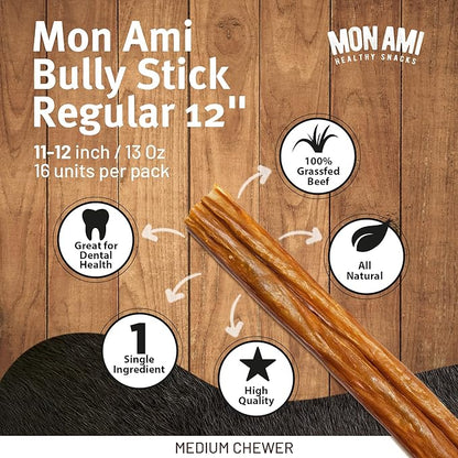 Mon Ami Regular Bully Sticks for Large and Small Dogs (11-12 inches, Pack of 16) - Grass Fed Dog Treats - Bully Sticks Natural Dog Treat