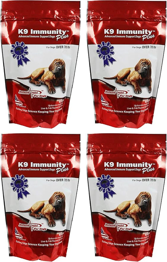 K9 Immunity Plus - Potent Immune Booster For Dogs Over 70 Pounds - Certified Organic – Mushroom Enhanced Supplement - Veterinarian Recommended Dog Health Supplement –90 Chews 4 Pack