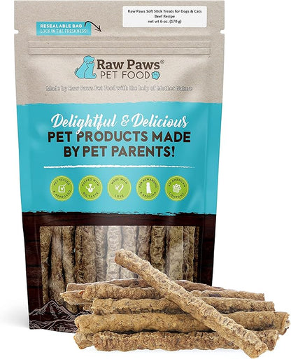 Raw Paws Grain-Free Soft Stick Treats for Dogs & Cats - Beef Recipe, 6-oz - Made in USA Beef Jerky Dog Treats - Cat Beef Sticks - Chewy Dog Beef Jerky Treats - Real Beef Dog Treats, Dog Sausage Treats