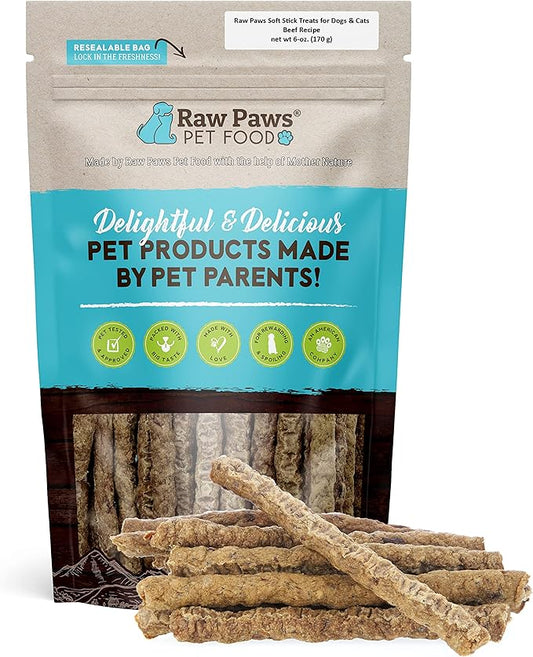 Raw Paws Grain-Free Soft Stick Treats for Dogs & Cats - Beef Recipe, 6-oz - Made in USA Beef Jerky Dog Treats - Cat Beef Sticks - Chewy Dog Beef Jerky Treats - Real Beef Dog Treats, Dog Sausage Treats
