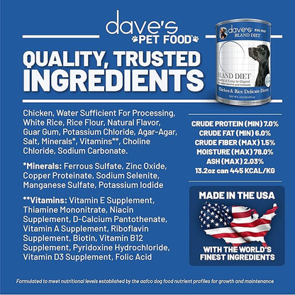 Dave's Pet Food Bland Diet Dog Food (Chicken & Rice), Easy to Digest, Gluten-Free Canned Wet Dog Food for Sensitive Stomach, Dave's Dog Food, 13.2 Ounce (Pack of 12)