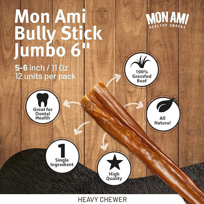 Mon Ami Jumbo Bully Sticks for Large and Small Dogs (5-6 inches, Pack of 12) - Grass Fed Dog Treats - Bully Sticks Natural Dog Treat