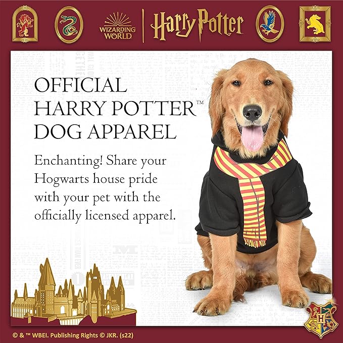 Harry Potter Gryffindor Pet Hoodie with Faux Scarf - Small | Pet Apparel and Accessories for Dogs| Dog Pullover Hoodie for Hogwarts Houses, Gryffindor Clothing for Dogs,Black