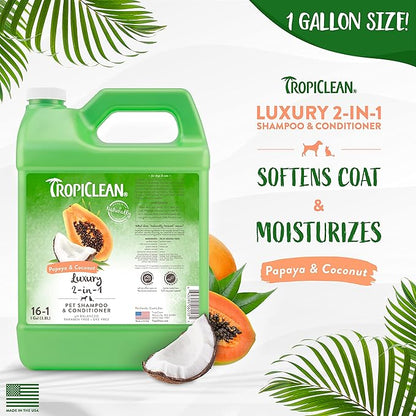 TropiClean 2-in-1 Papaya & Coconut Dog Shampoo and Conditioner | Natural Pet Shampoo Derived from Natural Ingredients | Cat Friendly | Made in the USA | 1 gallon