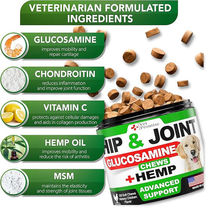 Hemp Hip and Joint Support Supplement for Dogs - Glucosamine for Dogs - Dog Joint Supplement - Hip and Joint Chews for Dogs with Chondroitin - MSM - Hemp Oil - Hemp Chews For Dogs - Dog Pain Relief