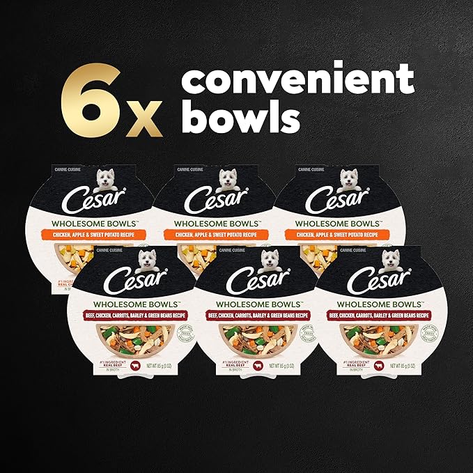 CESAR WHOLESOME BOWLS Adult Soft Wet Dog Food Variety Pack, Beef, Chicken, Carrots, Barley & Green Beans Recipe and Chicken, Apple & Sweet Potato Recipe, (6) 3 oz. Bowls