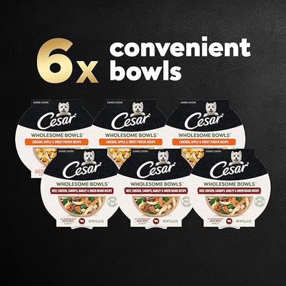 CESAR WHOLESOME BOWLS Adult Soft Wet Dog Food Variety Pack, Beef, Chicken, Carrots, Barley & Green Beans Recipe and Chicken, Apple & Sweet Potato Recipe, (6) 3 oz. Bowls