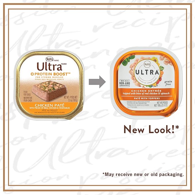 NUTRO ULTRA Grain Free Adult Soft Wet Dog Food Paté With Toppers Chicken Entrée topped with bites of real chicken & spinach, 3.5 oz. Trays, Pack of 24