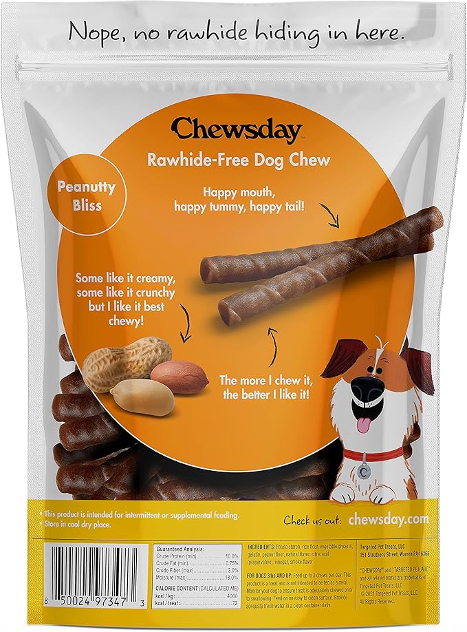 5-Inch Chewy Dog Chew Twists, Made in The USA, All Natural Rawhide-Free Highly-Digestible Treats, Peanutty Bliss - 28 Count