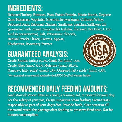 Merrick Power Bites Natural Soft And Chewy Real Meat Dog Treats, Grain Free Snack, Real Turducken Recipe - 6 oz. Bag