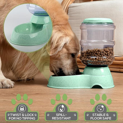 2 Pack Self Feeding Dog Food and Water Dispenser - 3.75L Automatic Pet Feeder for Small & Medium Dogs, Spill Proof Gravity Cat Feeder and Water Dispenser (Green)