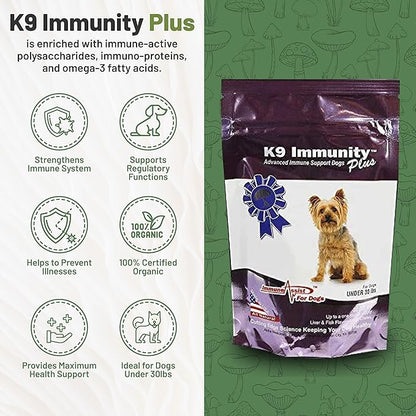 K9 Immunity Plus - Potent Immune Booster for Dogs Under 30 lbs - Certified Organic – Mushroom Enhanced Supplement - Veterinarian Recommended Dog Health Supplement (30 Chews)
