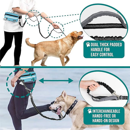 PetAmi Hands Free Dog Leash, Dog Running Leash Belt for Walking Jogging, Dog Waist Zipper Pouch Fanny Pack with Poop Bag Dispenser, Dual Padded Handle Bungee Leash for Small Medium Large Dogs, Single