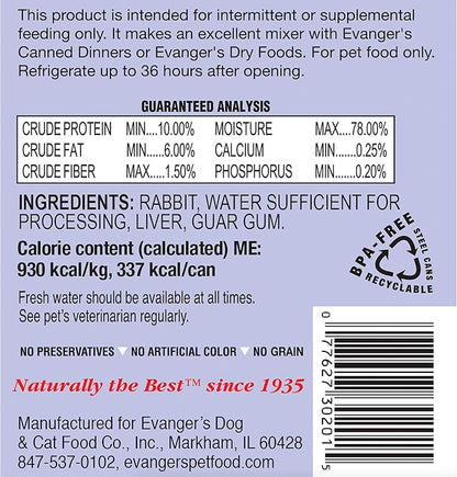 Evanger's Grain-Free Single Protein Game Meats for Dogs & Cats, Rabbit, 12.8 OZ, Pack of 12