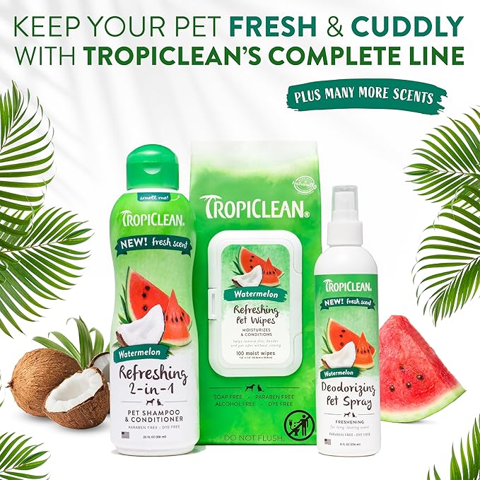 TropiClean Watermelon Refreshing 2-in-1 Cat & Dog Shampoo and Conditioner | Cat & Dog Bath Supplies | 20 oz | Made in The USA