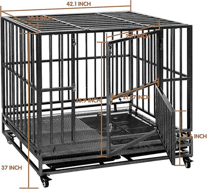 42 inch Heavy Duty Extra Large Indestructible Dog Crate Kennel Indoor with Separation Anxiety Lockable Wheels and Removable Tray