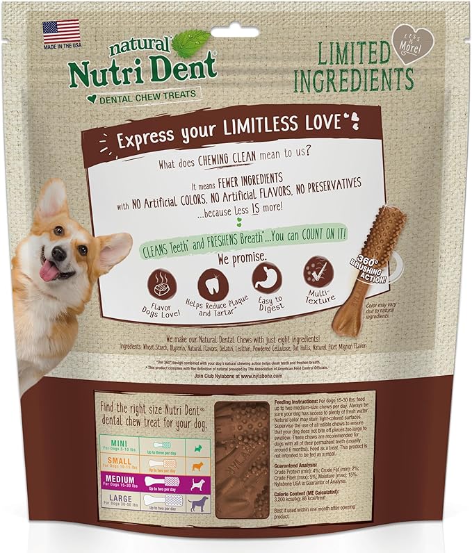 Nylabone Nutri Dent Dog Dental Treats - Natural Dog Teeth Cleaning & Breath Freshener - Dental Treats for Dogs - Filet Mignon Flavor, Medium (40 Count)