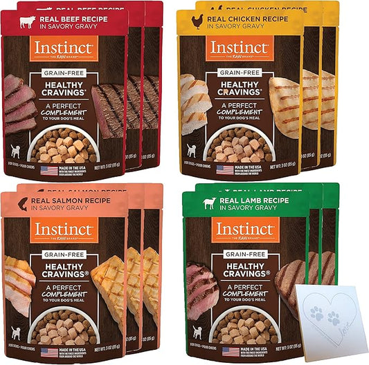 Instinct-Healthy Cravings Grain Free Dog Food Toppers Variety Pack - All Four Flavors: Beef, Chicken, Lamb, and Salmon (3oz each, 12 Pouches Total)