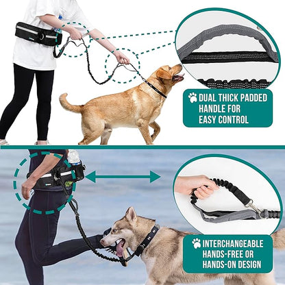 PetAmi Hands Free Dog Leash, Dog Running Leash Belt Bag for Walking, Jogging, Dog Waist Double Zipper Pouch with Poop Bag Dispenser, Dual Padded Handles Reflective Bungee Leash, Single