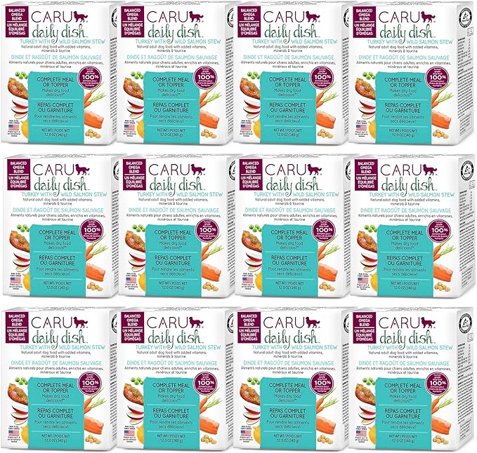 Caru Daily Dish Turkey with Wild Salmon Stew, Natural Adult Wet Dog Food with Real Chunks of Turkey & Wild Salmon, with Added Vitamins & Minerals, Non-GMO Ingredients (12.5 oz) - 12 Pack