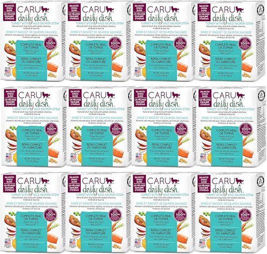 Caru Daily Dish Turkey with Wild Salmon Stew, Natural Adult Wet Dog Food with Real Chunks of Turkey & Wild Salmon, with Added Vitamins & Minerals, Non-GMO Ingredients (12.5 oz) - 12 Pack
