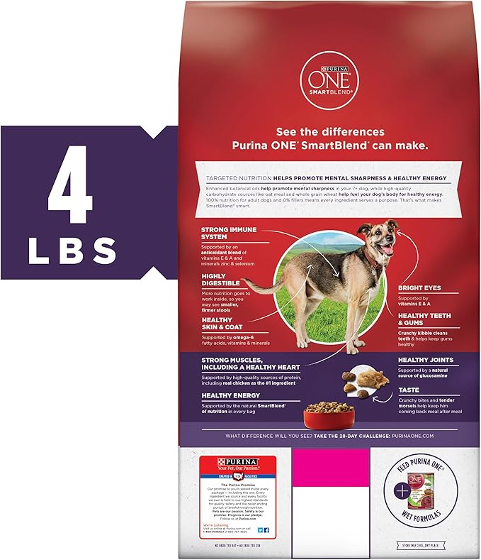 Purina ONE High Protein Senior Dry Dog Food, +Plus Vibrant Maturity Adult 7+ Formula - 4 lb. Bags (Pack of 6)