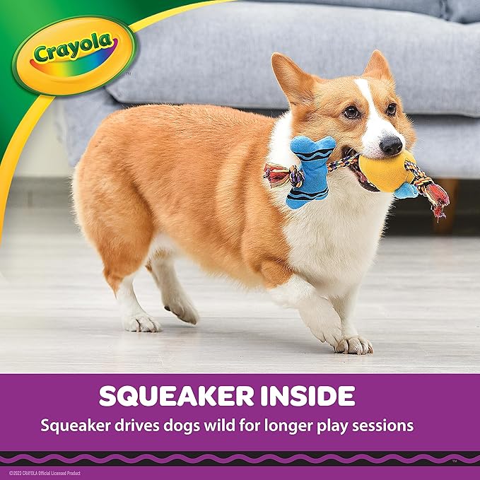 Crayola for Pets Crayon Rope Plush Squeaker Dog Toy, Interactive Dog Tug Toy with Pup-visible Colors Dogs See Best, Rope Toy for Dogs with Plush and Squeaker