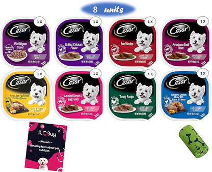 Cesar Soft Wet Dog Food Classic Bundle with 08 Flavors(1 Unit Each Flavor) . Total Units .Bundle a 1 roll Green Bone Waste Bag., 3.5 Ounce (Pack of 8)
